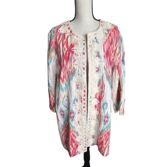 Chico’s Ikat Embroidered Multicolor Southwestern Open-Front Jacket 3/4 Sleeve 2X - Picture 2 of 7